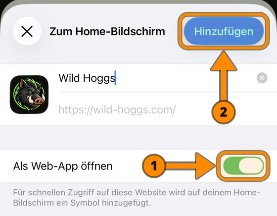 Keep “Open as Web App” on (1). Then tap “Add” (2).
