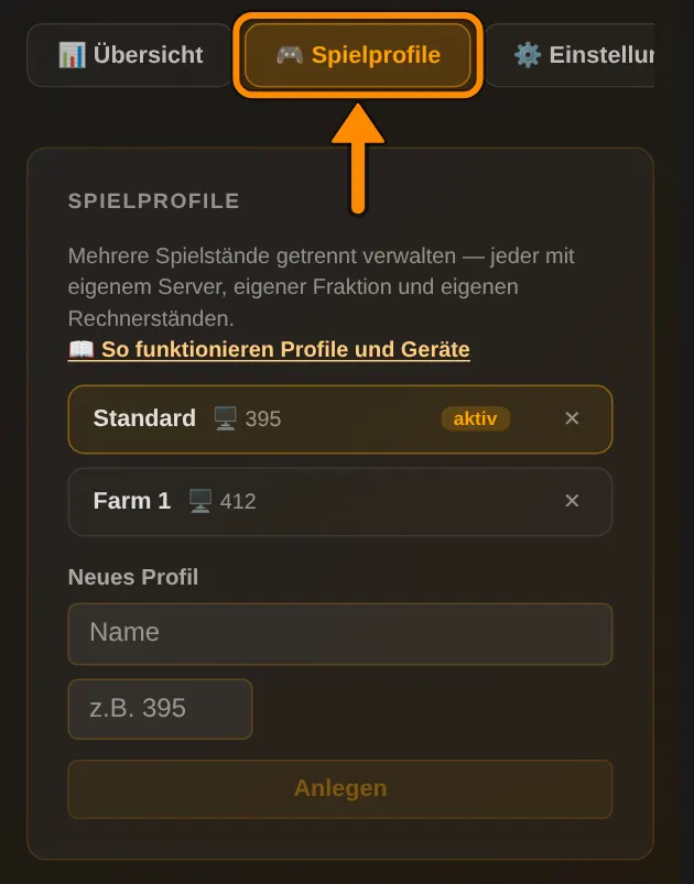 Auf deiner Profilseite im Reiter Spielprofile legst du neue Profile an oder löschst sie.