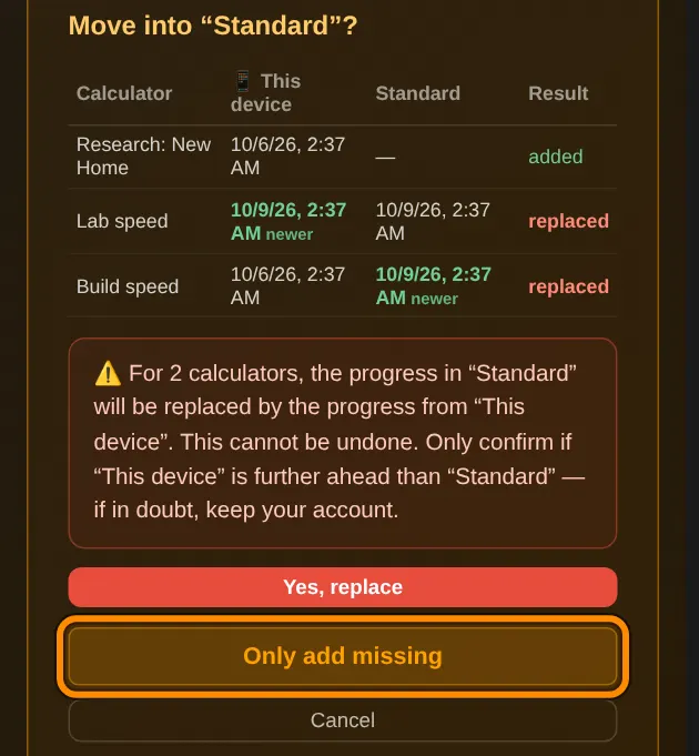 Now you see what happens for each calculator. added: the calculator is not in your account yet. replaced: the data in your account is replaced with the data from this device. newer shows which version is more recent.