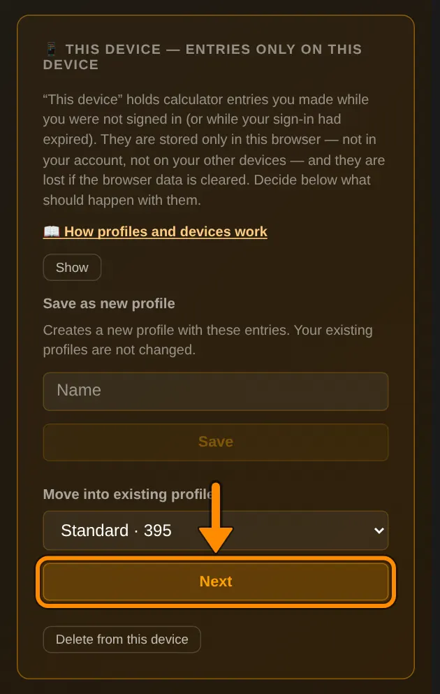 Open your profile page. In the 📱 This device box, under Move into existing profile, choose your profile, for example Standard, and tap Next.
