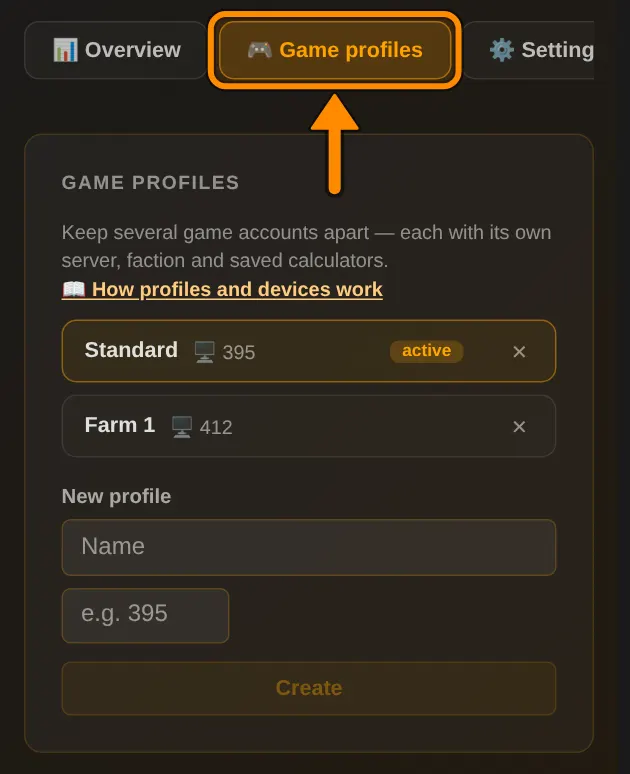 On your profile page, in the Game profiles tab, you add new profiles or delete them.
