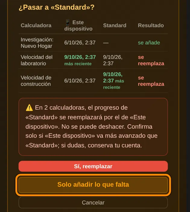 Ahora ves qué pasa con cada calculadora. se añade: la calculadora aún no está en tu cuenta. se reemplaza: los datos de tu cuenta se sustituyen por los de este dispositivo. más reciente muestra qué versión es más reciente.