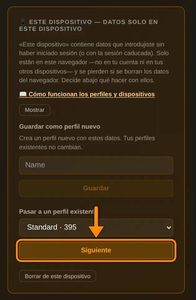 Abre tu página de perfil. En el bloque 📱 Este dispositivo, en Pasar a un perfil existente, elige tu perfil, por ejemplo Standard, y toca Siguiente.