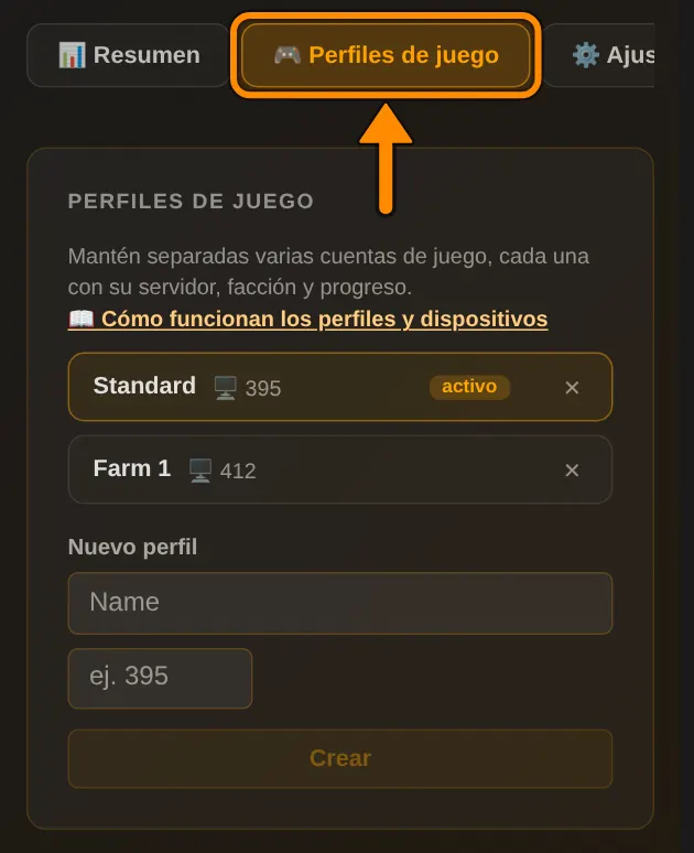 En tu página de perfil, en la pestaña Perfiles de juego, creas perfiles nuevos o los borras.