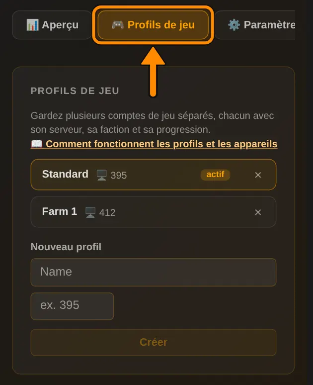 Sur ta page de profil, dans l’onglet Profils de jeu, tu crées de nouveaux profils ou tu les supprimes.