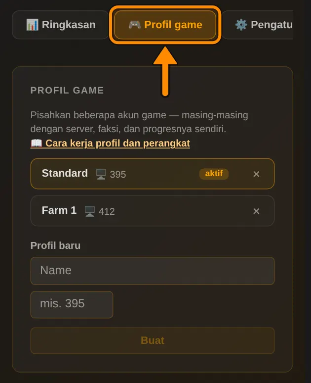Di halaman profilmu, pada tab Profil game, kamu membuat profil baru atau menghapusnya.