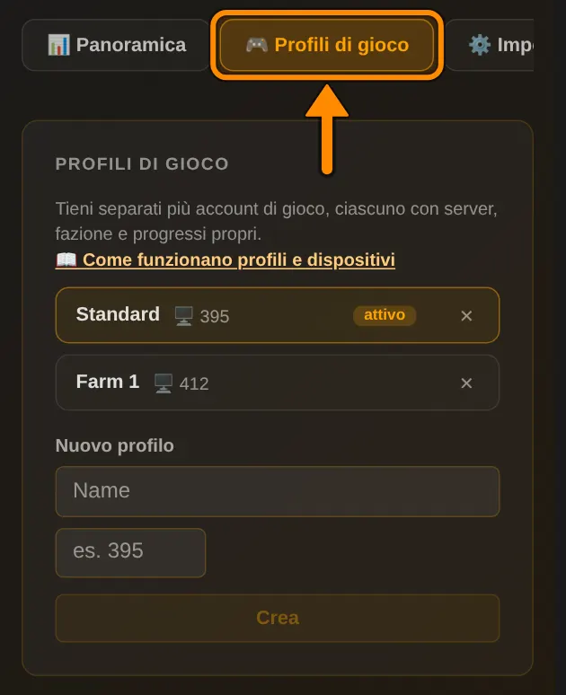 Nella tua pagina profilo, nella scheda Profili di gioco, crei nuovi profili o li elimini.