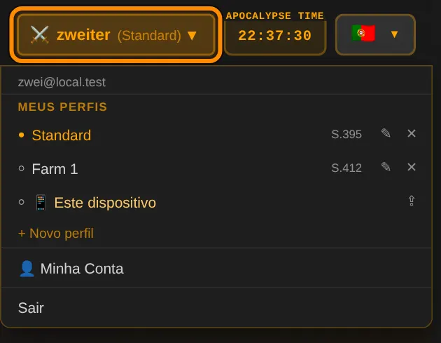 No topo de cada página, toque no seu nome. Lá você vê todos os perfis e troca com um toque. O ponto mostra o perfil ativo.