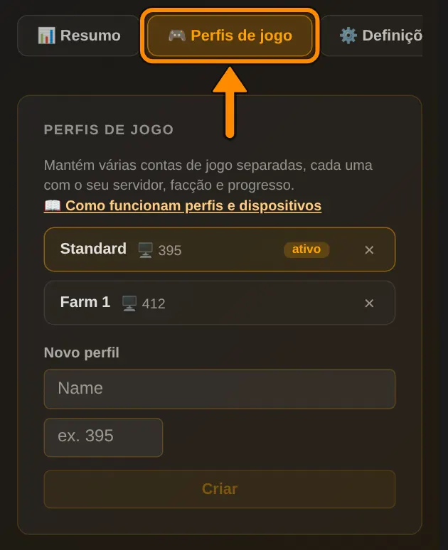 Na sua página de perfil, na aba Perfis de jogo, você cria novos perfis ou os apaga.