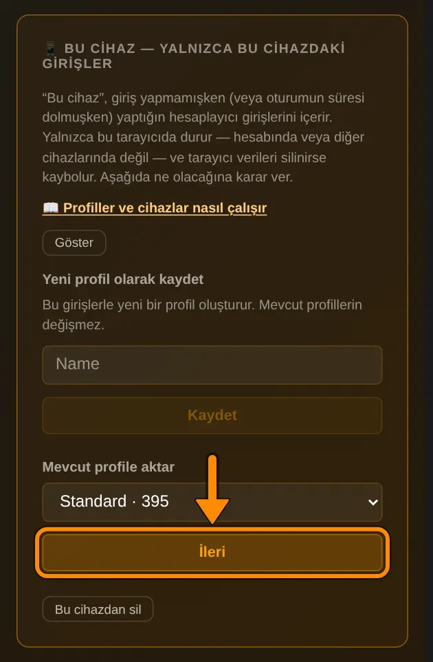 Profil sayfanı aç. 📱 Bu cihaz bölümünde Mevcut profile aktar altında profilini seç, örneğin Standard, ve İleri düğmesine dokun.