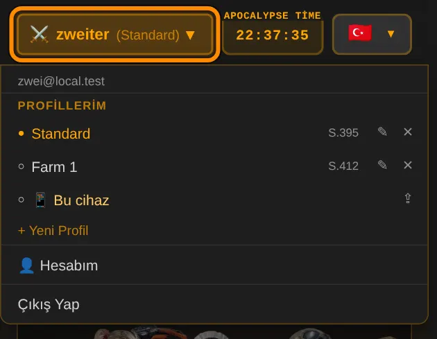 Her sayfanın üstünde adına dokun. Orada tüm profillerini görür ve tek dokunuşla değiştirirsin. Nokta aktif profili gösterir.