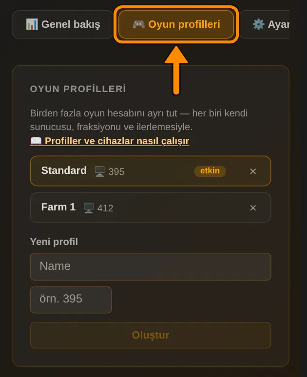Profil sayfanda Oyun profilleri sekmesinde yeni profil oluşturur veya silersin.