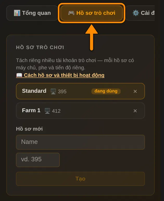 Trên trang hồ sơ, trong thẻ Hồ sơ trò chơi, bạn tạo hồ sơ mới hoặc xóa chúng.