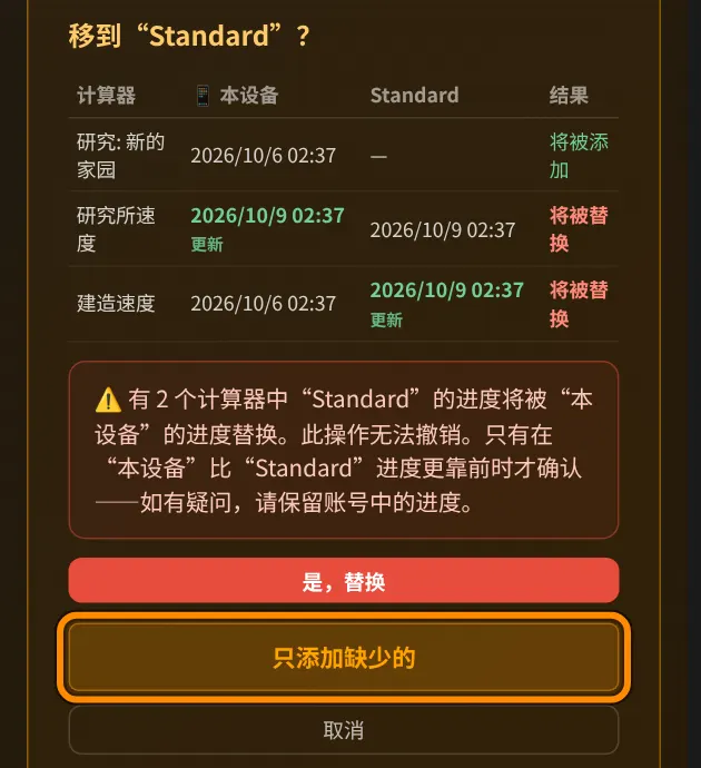 现在可以看到每个计算器会怎样。将被添加：账号里还没有这个计算器。将被替换：账号里的数据会被这台设备的数据替换。更新 表示哪个版本更新。