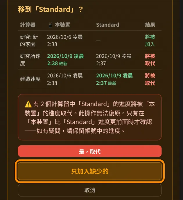 現在可以看到每個計算器會怎樣。將被加入：帳號裡還沒有這個計算器。將被取代：帳號裡的資料會被這台裝置的資料取代。較新 表示哪個版本較新。